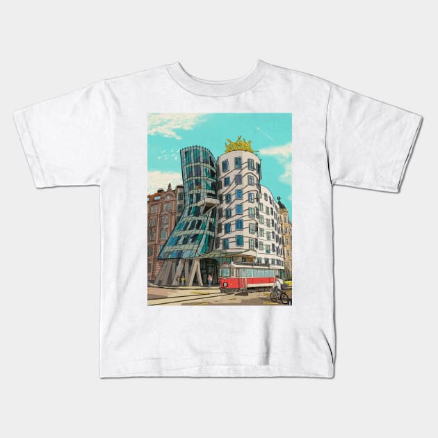 Dancing House Prague Czech Republic Illustration Kids T-Shirt by Wall-Art-Sketch